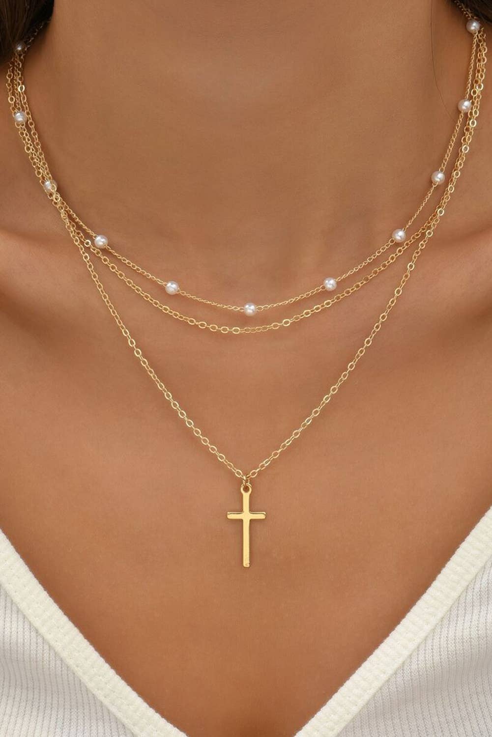 Cross and Pearl Triple Layer Necklace